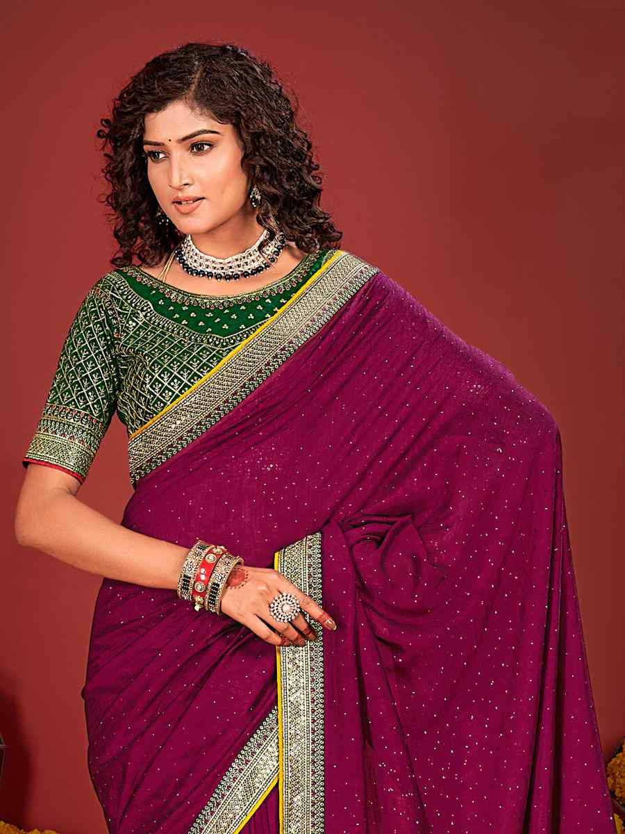 Brinjal Art Silk Embroidered Festival Wedding Heavy Border Saree