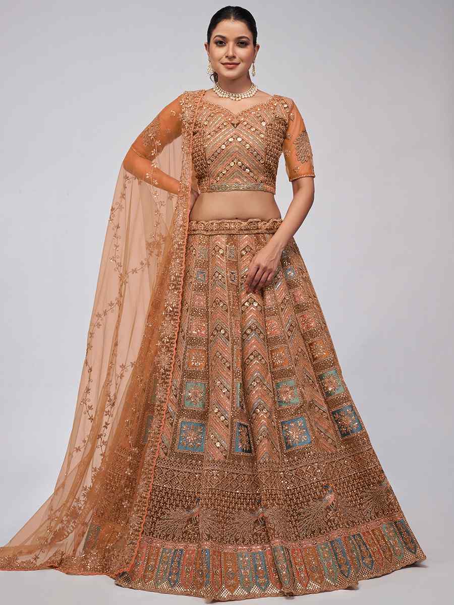 Bronze Soft Net Embroidery Bridesmaid Wedding Heavy Border Lehenga Choli