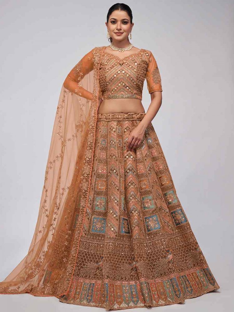 Bronze Soft Net Embroidery Bridesmaid Wedding Heavy Border Lehenga Choli