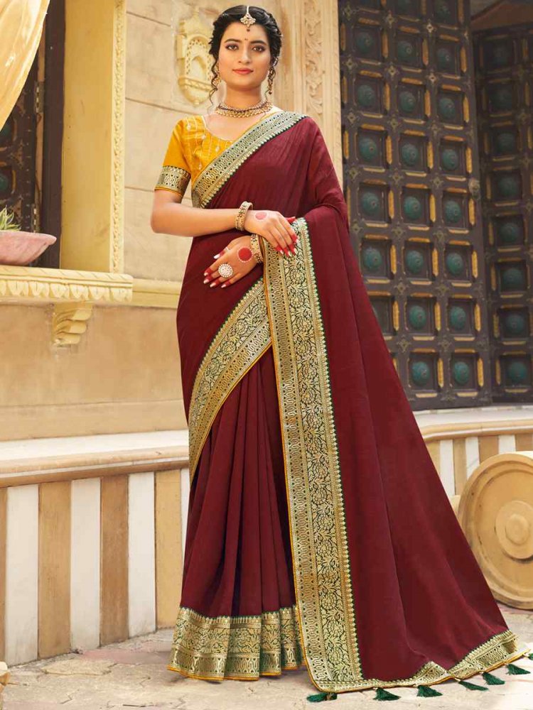 Brown Banglory Silk Embroidered Wedding Festival Heavy Border Saree