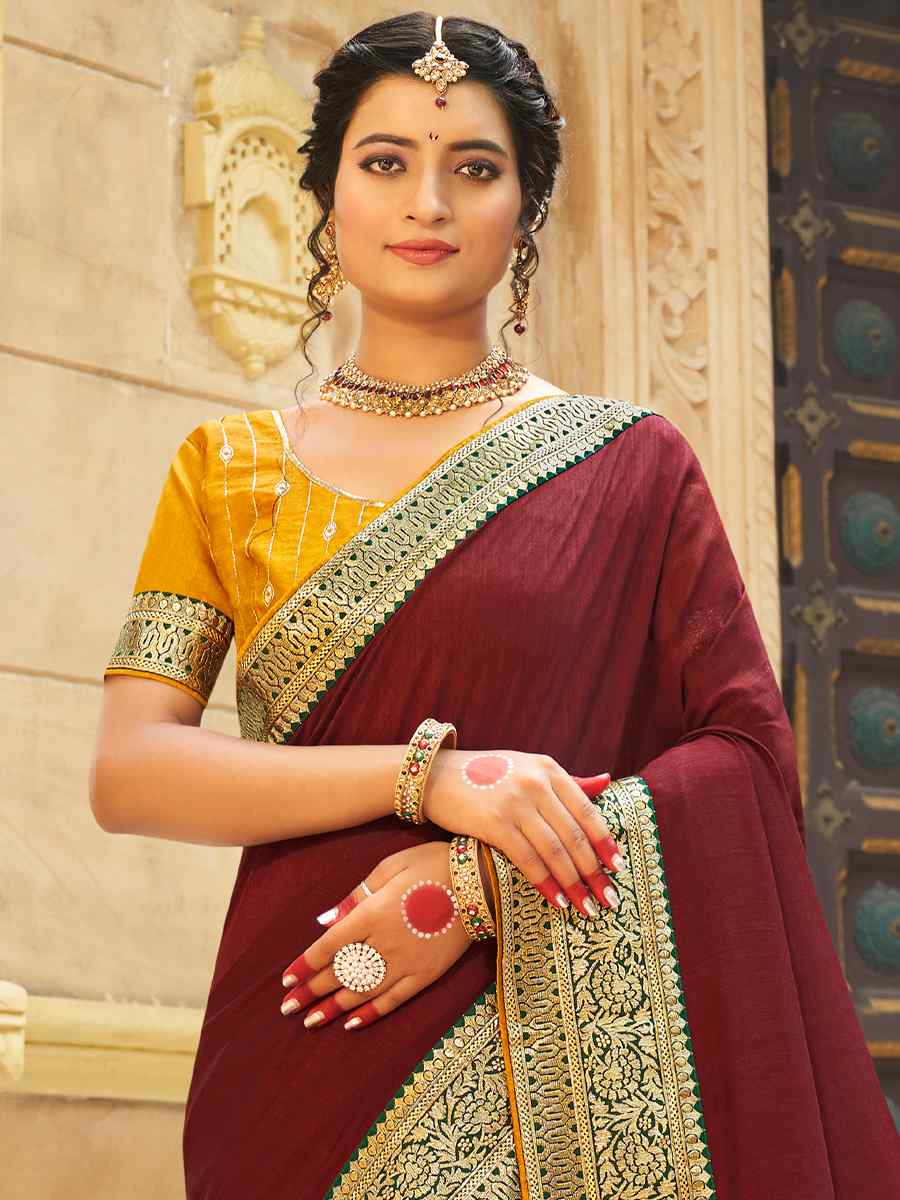 Brown Banglory Silk Embroidered Wedding Festival Heavy Border Saree