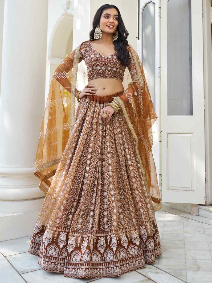 Brown Butterfly Net Embroidered Wedding Festival Heavy Border Lehenga Choli