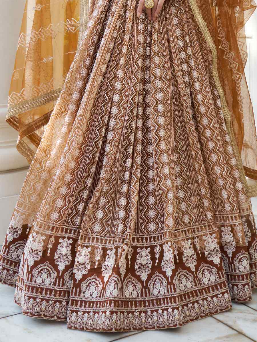 Brown Butterfly Net Embroidered Wedding Festival Heavy Border Lehenga Choli