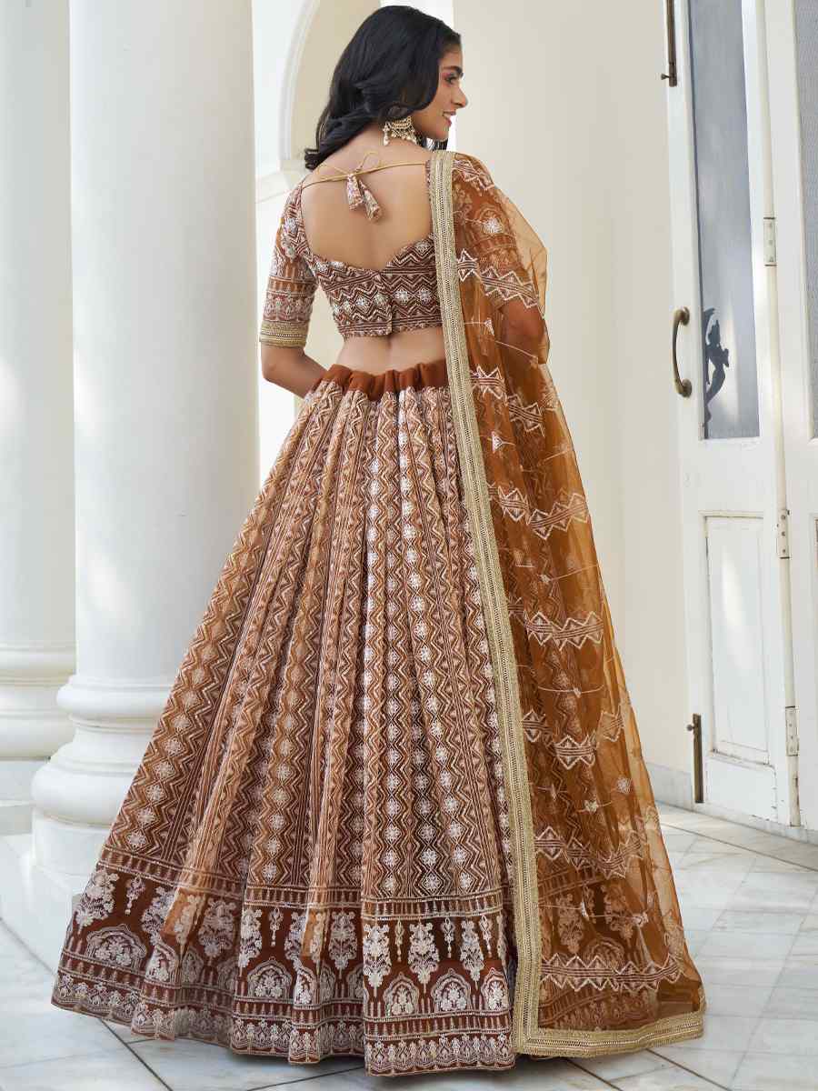 Brown Butterfly Net Embroidered Wedding Festival Heavy Border Lehenga Choli