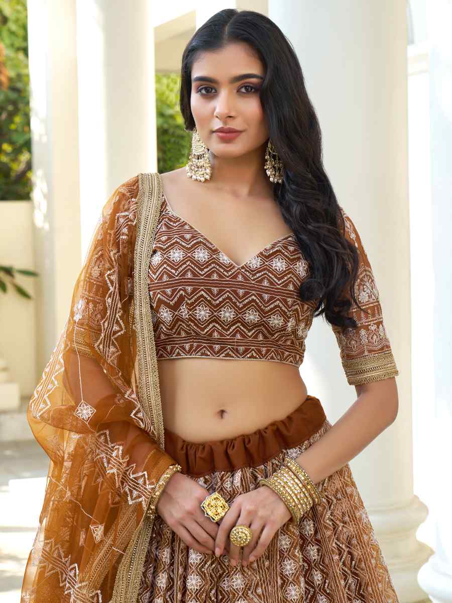 Brown Butterfly Net Embroidered Wedding Festival Heavy Border Lehenga Choli