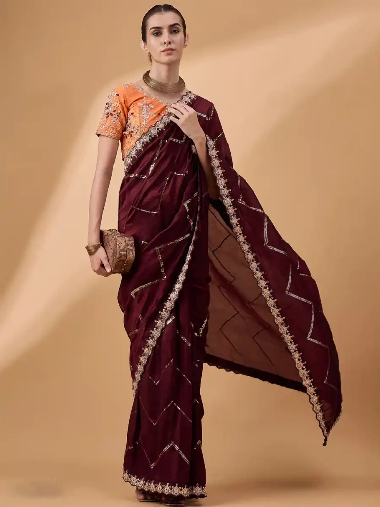 Brown Chinon Embroidered Festival Casual Classic Style Saree