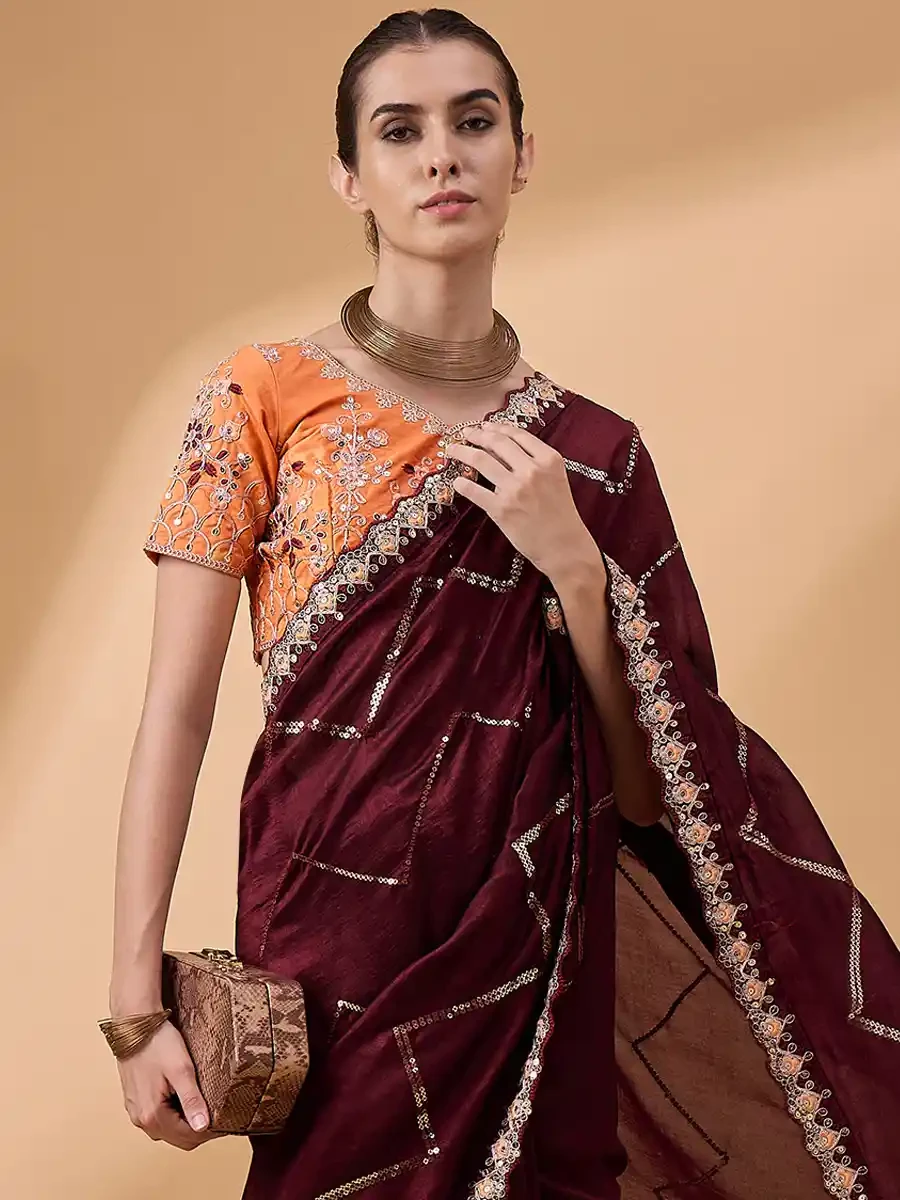 Brown Chinon Embroidered Festival Casual Classic Style Saree