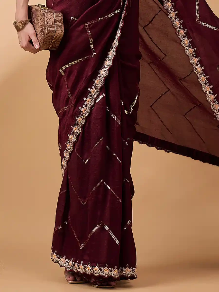 Brown Chinon Embroidered Festival Casual Classic Style Saree