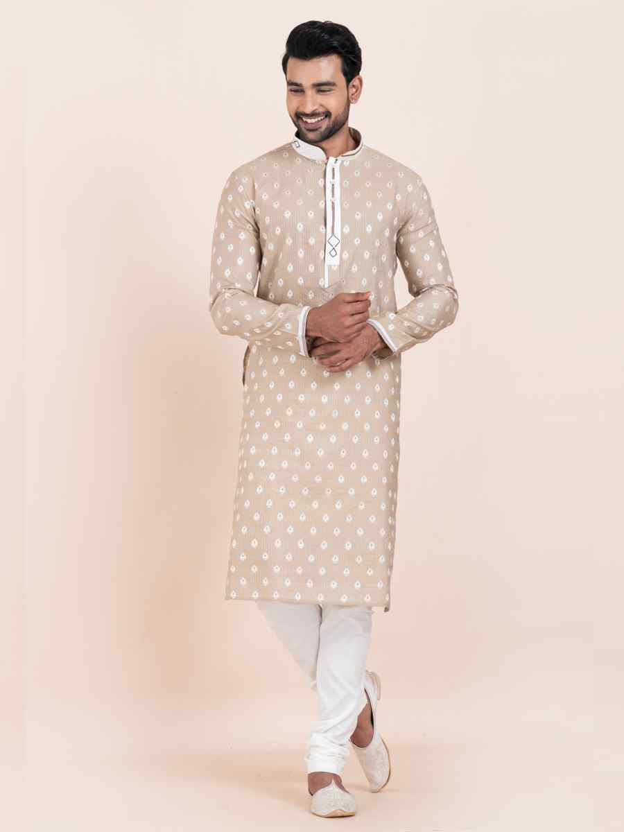 Brown Cotton Jacquard Printed Festival Wedding Kurta Pyjama Men's Wear