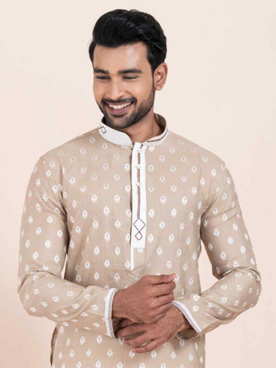 Brown Cotton Jacquard Printed Festival Wedding Kurta Pyjama Men's Wear