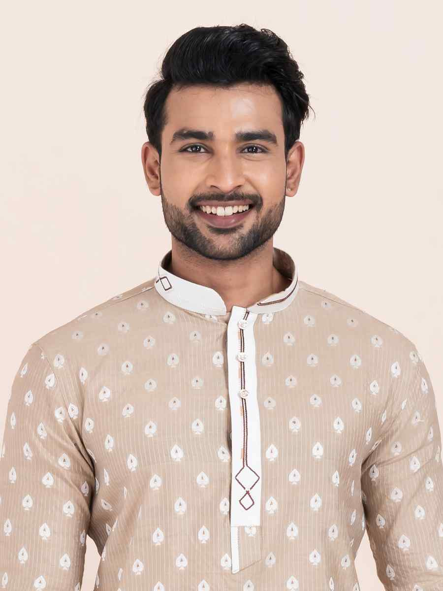 Brown Cotton Jacquard Printed Festival Wedding Kurta Pyjama Men's Wear