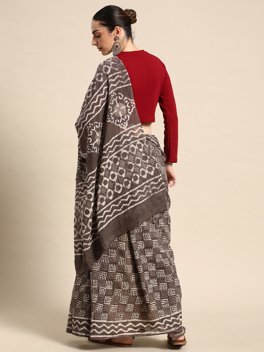 Brown Cotton Printed Festival Casual Contemporary Sarees