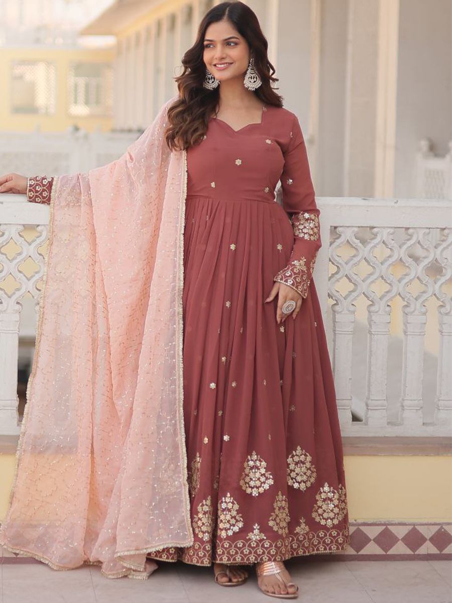 Brown Faux Georgette Embroidered Festival Casual Gown