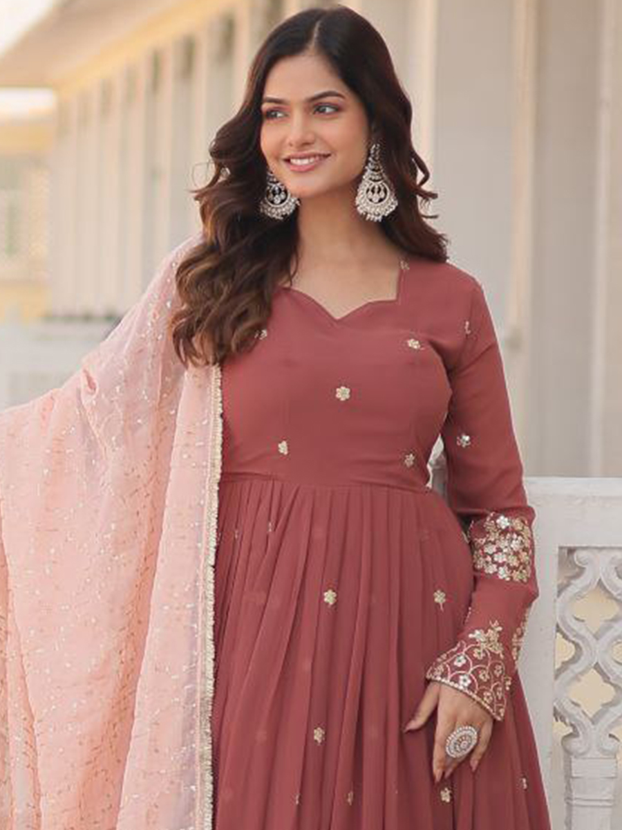 Brown Faux Georgette Embroidered Festival Casual Gown