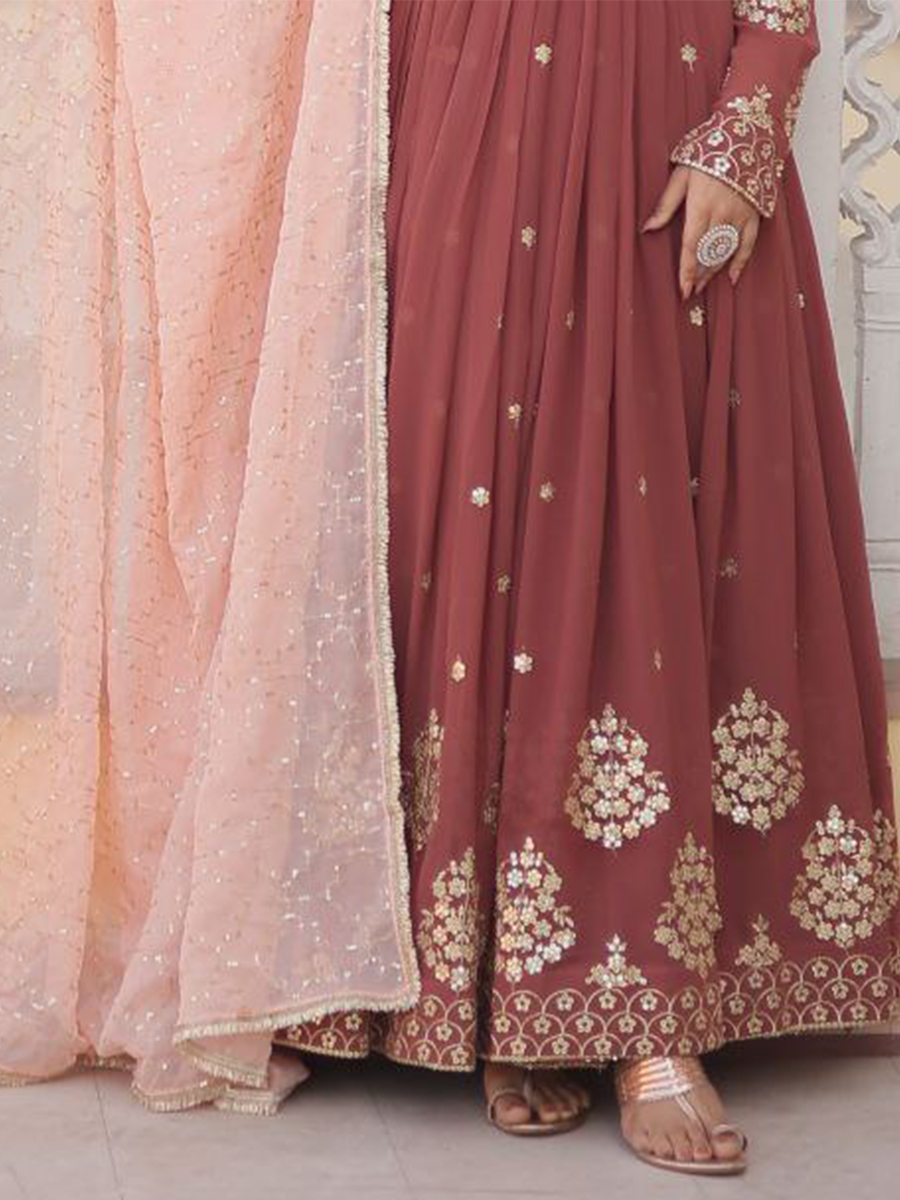 Brown Faux Georgette Embroidered Festival Casual Gown