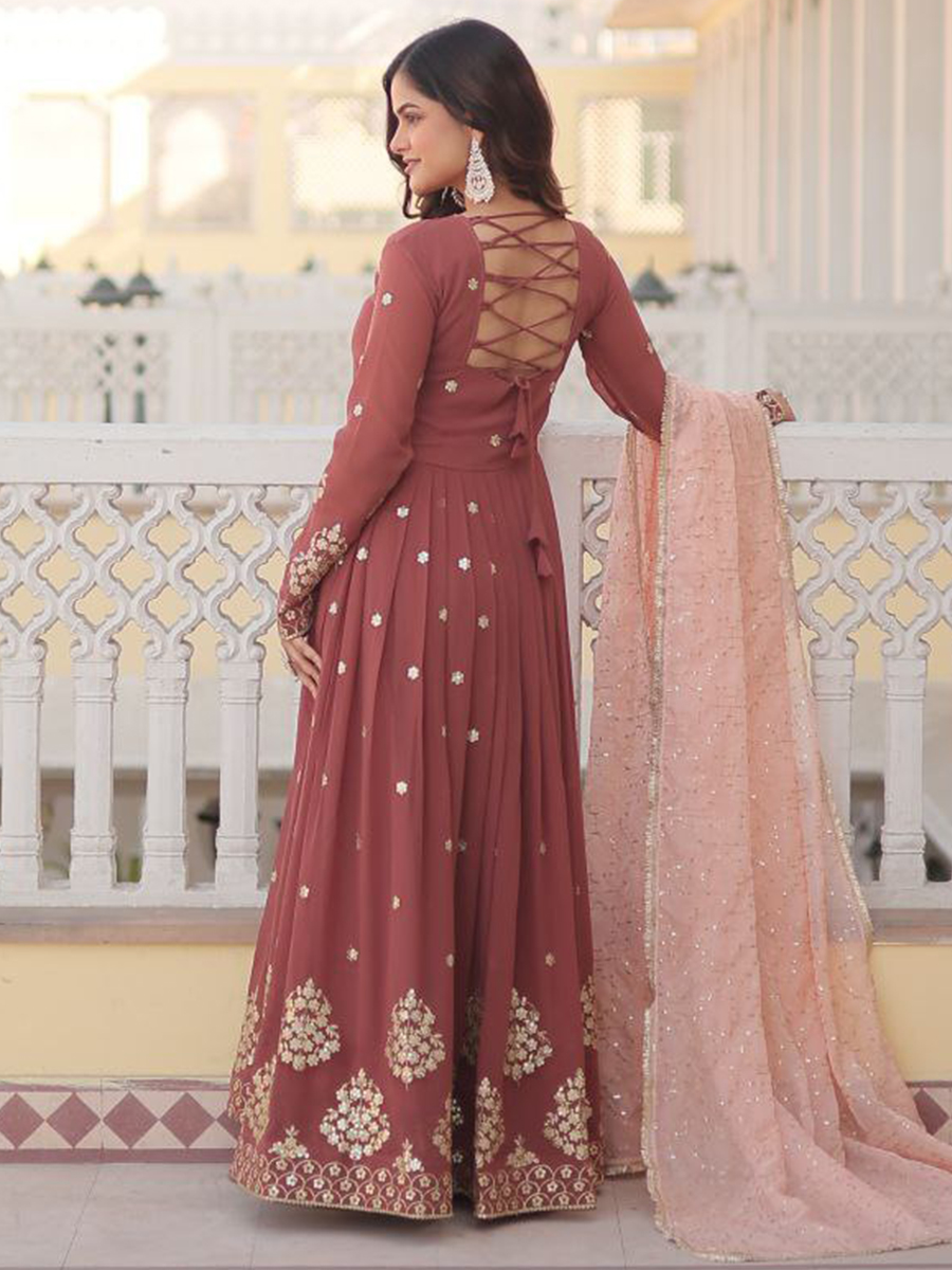 Brown Faux Georgette Embroidered Festival Casual Gown