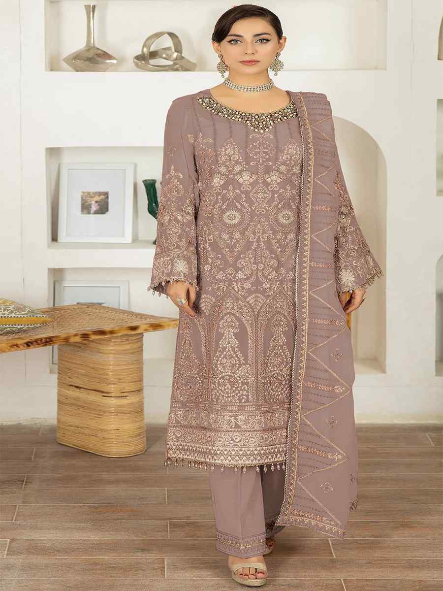 Brown Faux Georgette Embroidered Festival Mehendi Pant Salwar Kameez