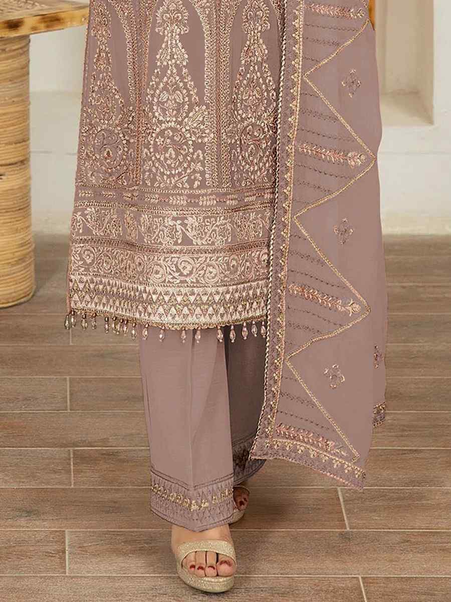 Brown Faux Georgette Embroidered Festival Mehendi Pant Salwar Kameez