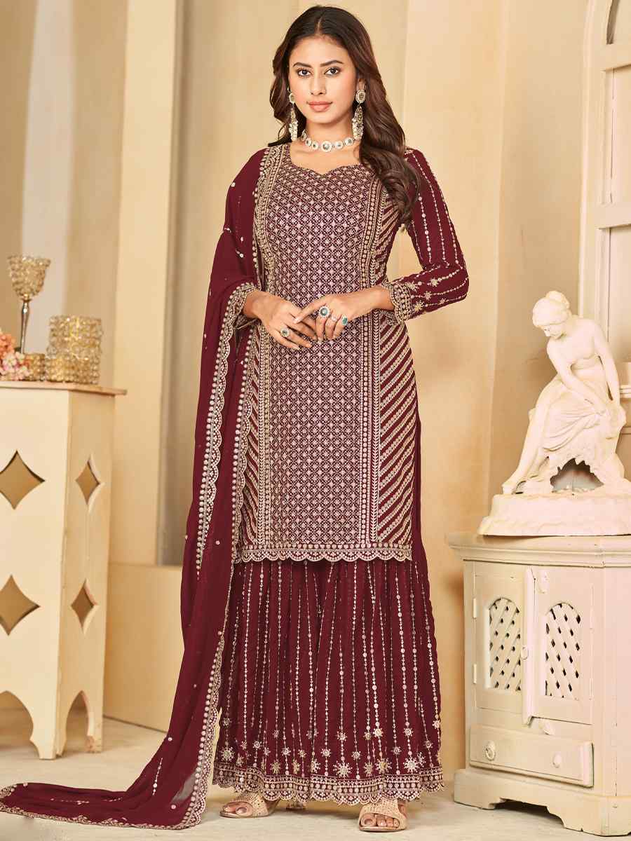 Brown Faux Georgette Embroidered Festival Wedding Palazzo Pant Salwar Kameez