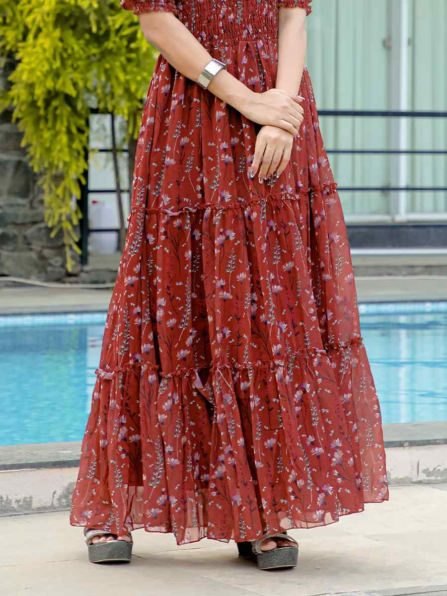 Brown Faux Georgette Printed Festival Casual Gown