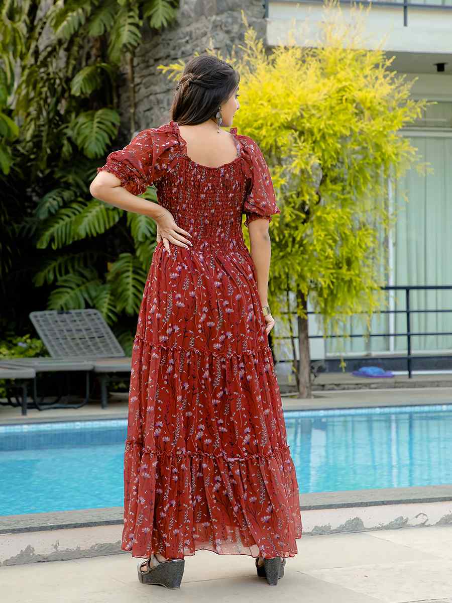 Brown Faux Georgette Printed Festival Casual Gown