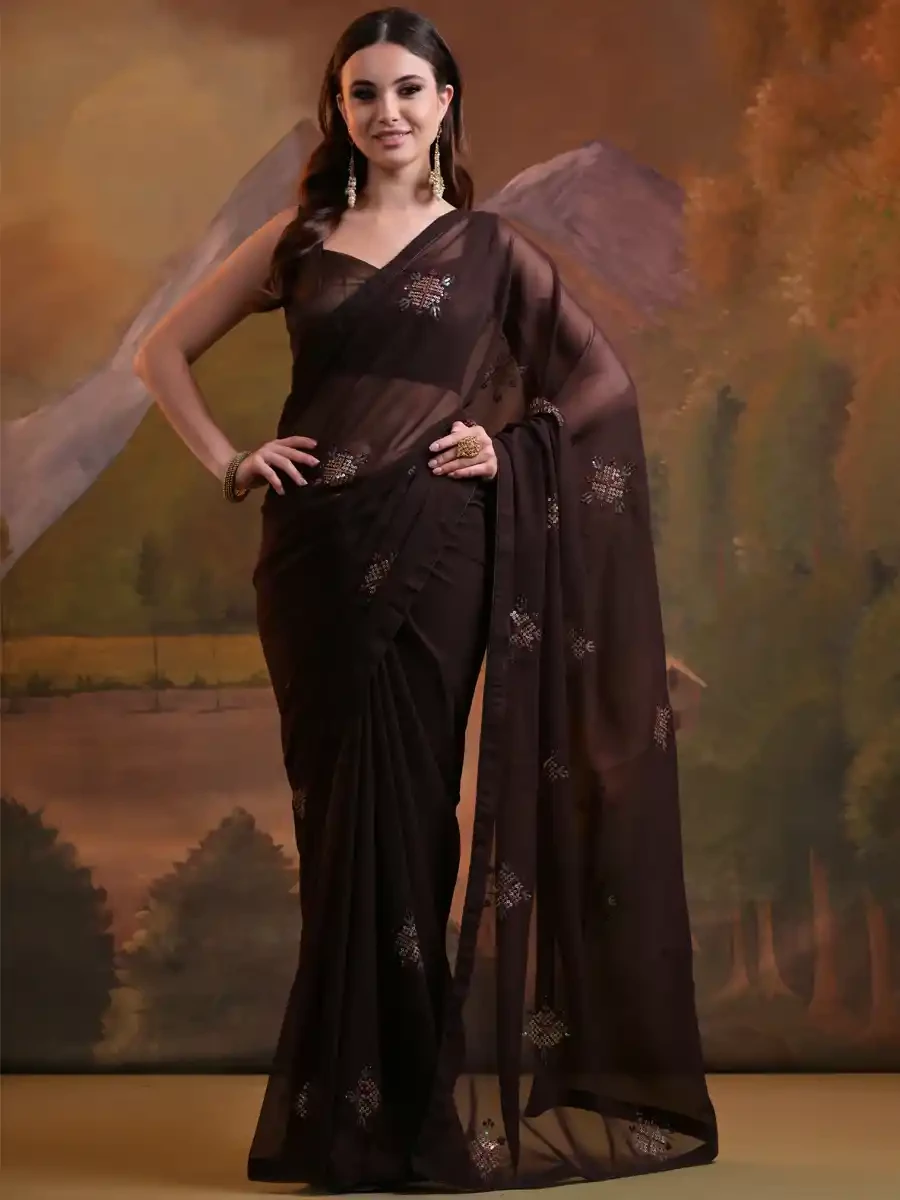 Brown Georgette Sequins Cocktail Party Classic Style Saree