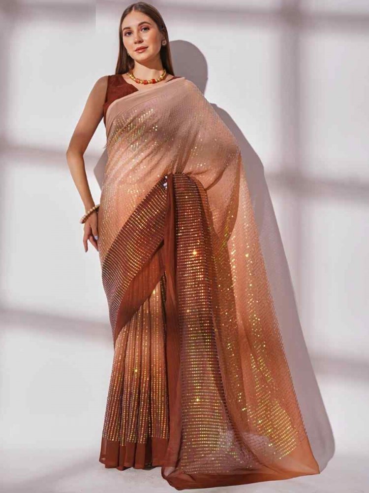 Brown Georgette Sequins Party Festival Classic Style Saree