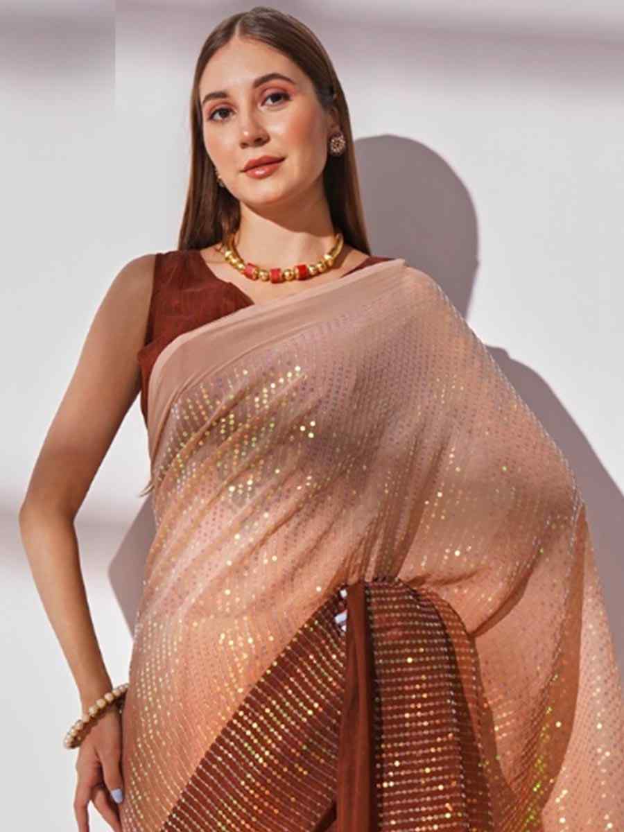 Brown Georgette Sequins Party Festival Classic Style Saree