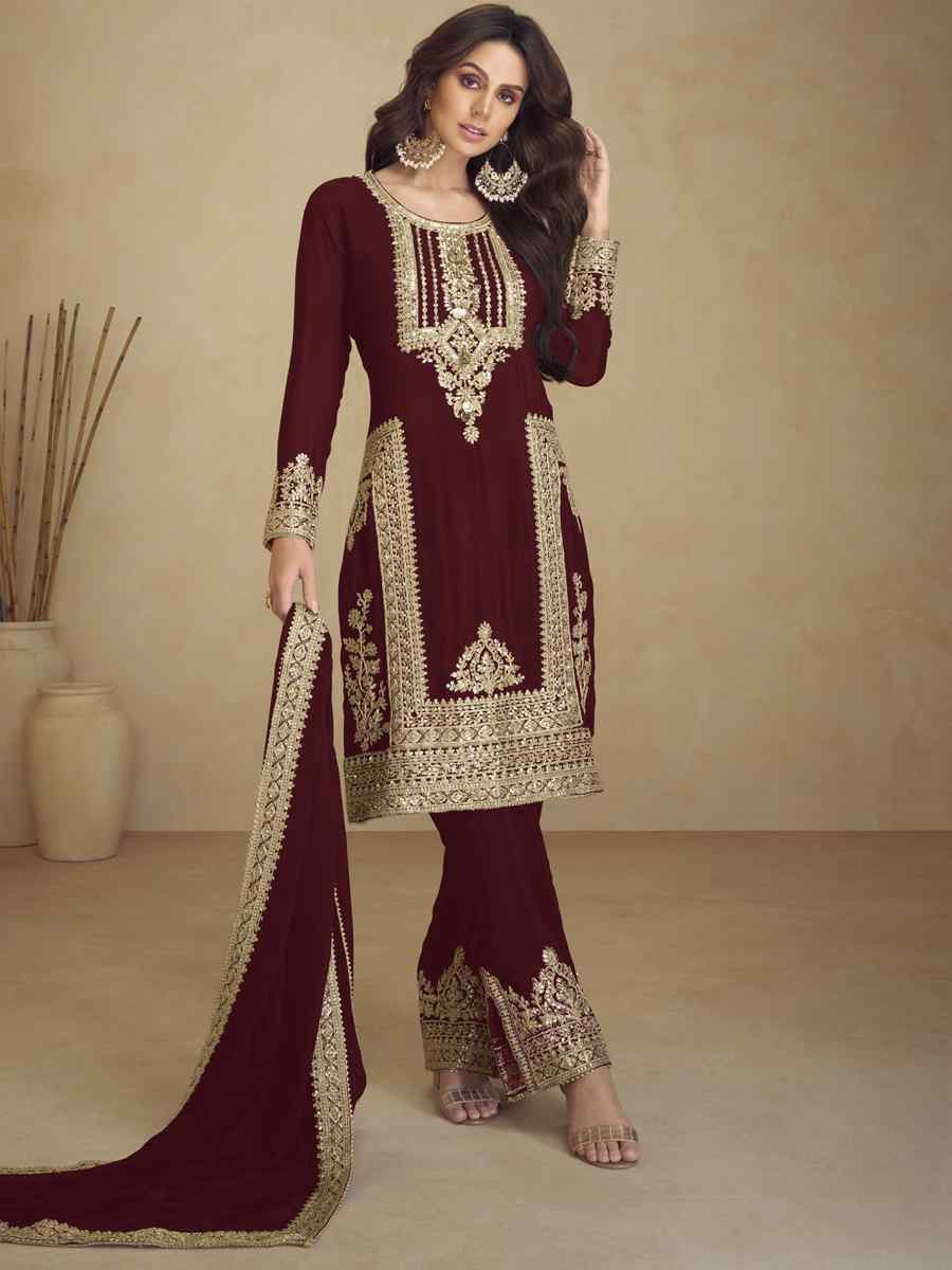 Brown Heavy Faux Georgett Embroidered Festival Wedding Pant Salwar Kameez