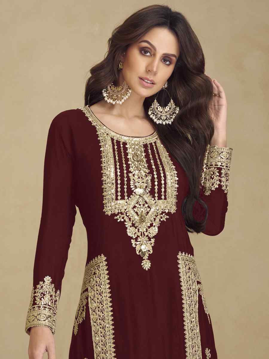 Brown Heavy Faux Georgett Embroidered Festival Wedding Pant Salwar Kameez