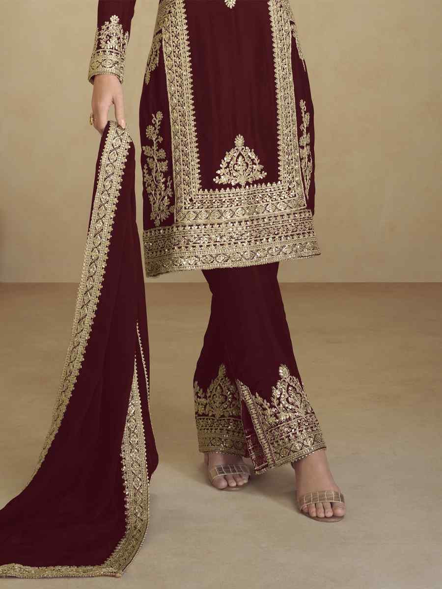 Brown Heavy Faux Georgett Embroidered Festival Wedding Pant Salwar Kameez