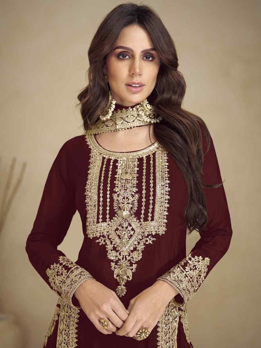 Brown Heavy Faux Georgett Embroidered Festival Wedding Pant Salwar Kameez