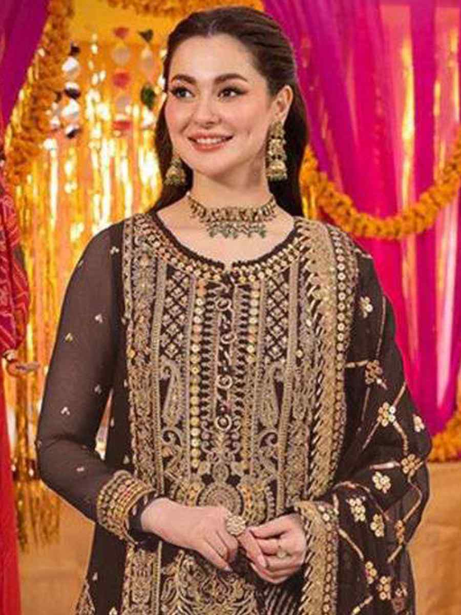 Brown Heavy Faux Georgette Embroidered Festival Mehendi Pant Salwar Kameez