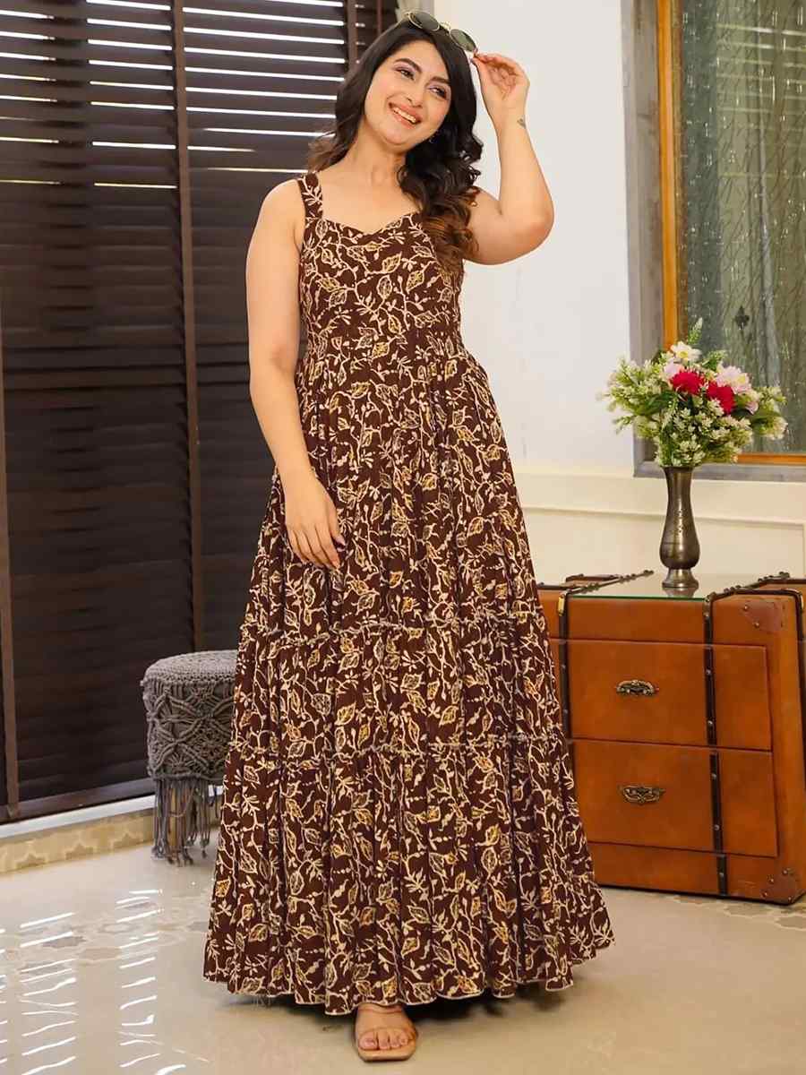 Brown Heavy Rayon Printed Festival Casual Gown