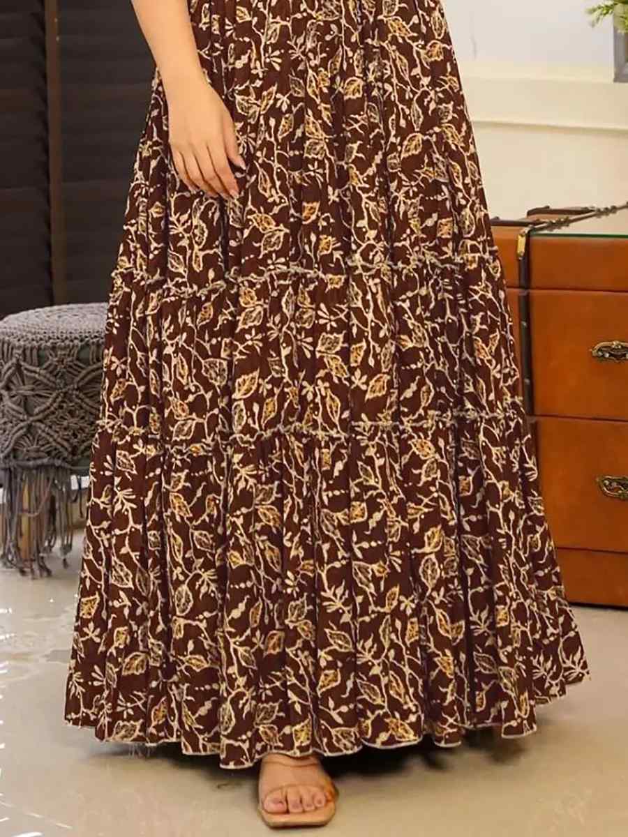 Brown Heavy Rayon Printed Festival Casual Gown