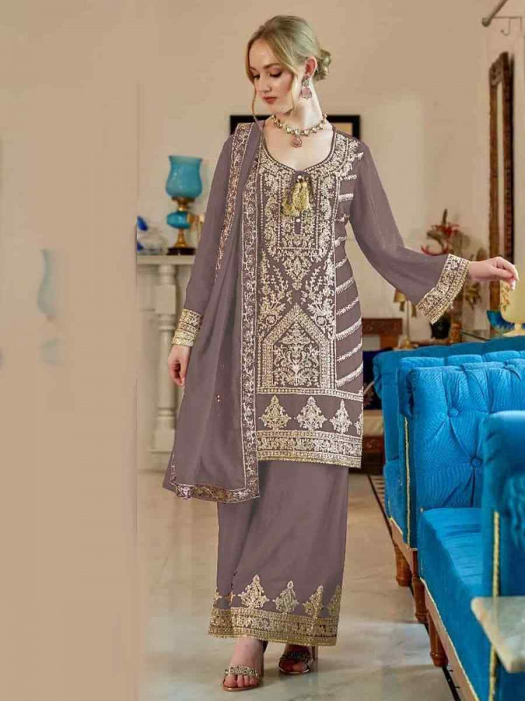 Brown Heavy Simar Vichitra Embroidered Festival Casual Palazzo Pant Salwar Kameez