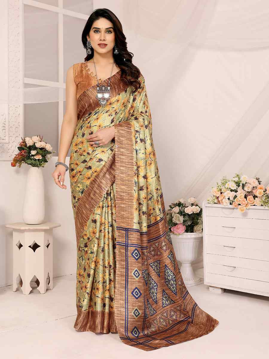 Brown Khadi Printed Festival Casual Classic Style Saree