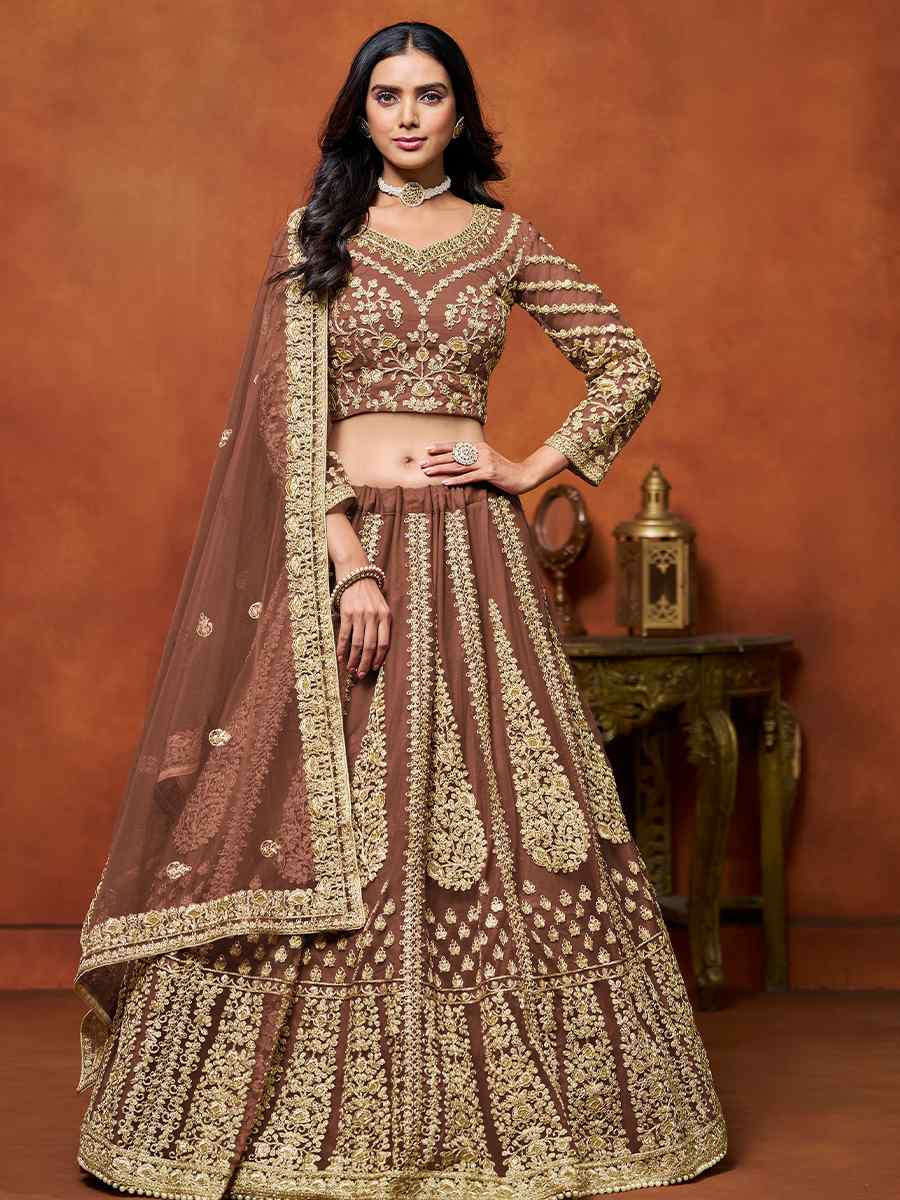 Brown Net Embroidered Wedding Bridesmaid Heavy Border Lehenga Choli