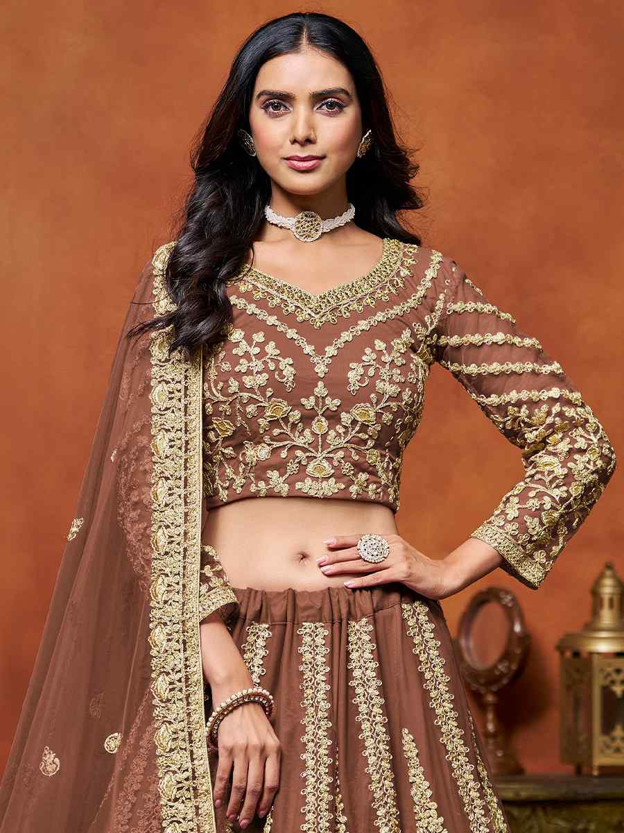 Brown Net Embroidered Wedding Bridesmaid Heavy Border Lehenga Choli