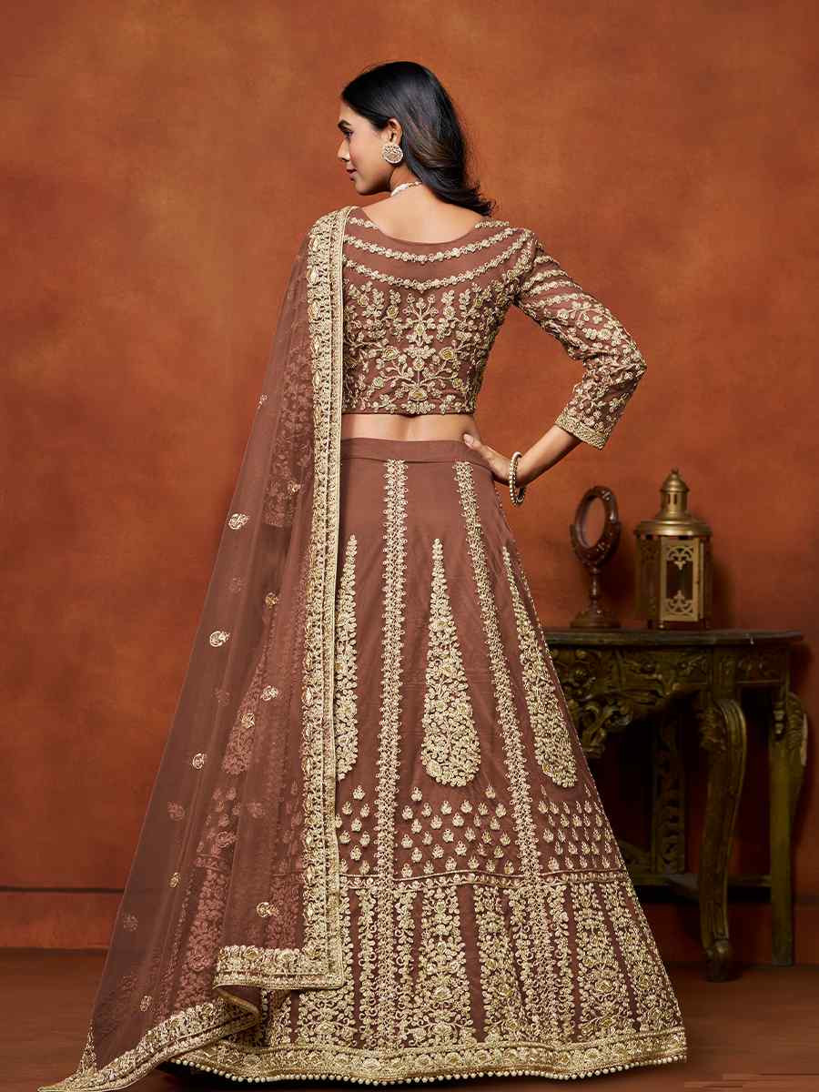 Brown Net Embroidered Wedding Bridesmaid Heavy Border Lehenga Choli