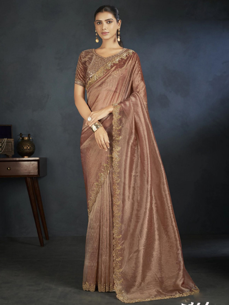 Brown Organza Handwoven Festival Wedding Heavy Border Saree