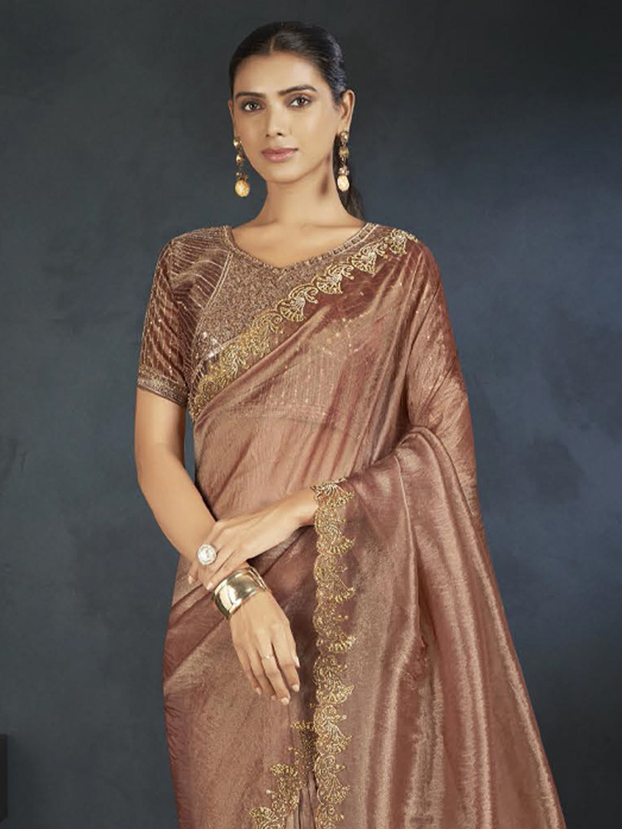 Brown Organza Handwoven Festival Wedding Heavy Border Saree