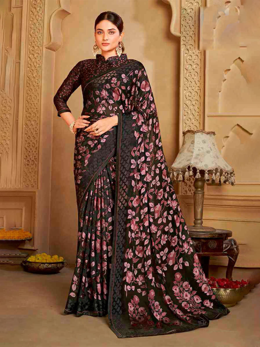 Brown Organza Printed Festival Casual Contemporary Saree