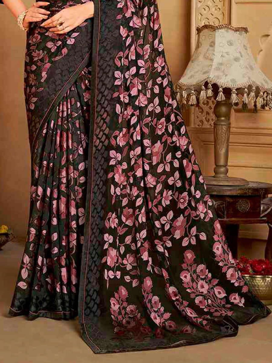 Brown Organza Printed Festival Casual Contemporary Saree