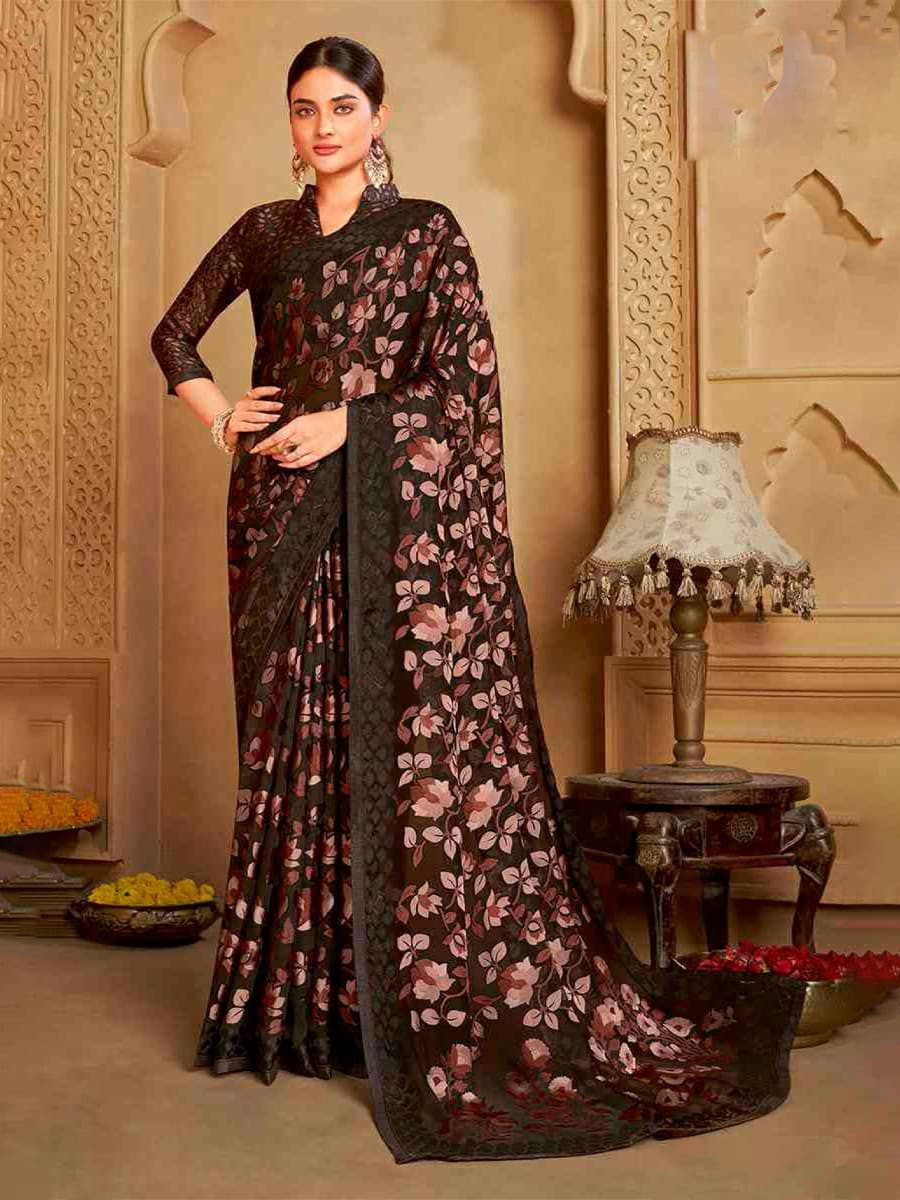 Brown Organza Printed Festival Casual Contemporary Saree