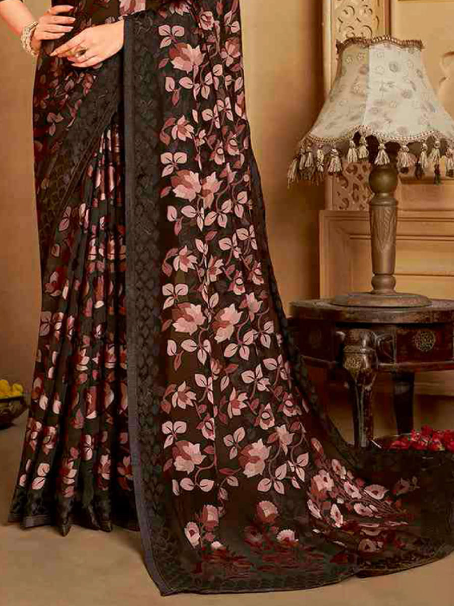 Brown Organza Printed Festival Casual Contemporary Saree