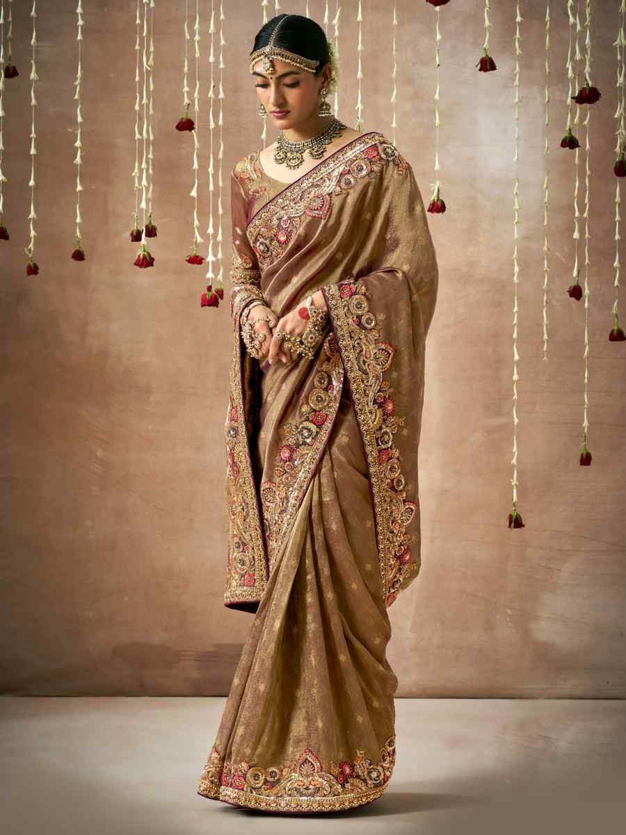 Brown Organza Silk Embroidered Reception Wedding Heavy Border Saree