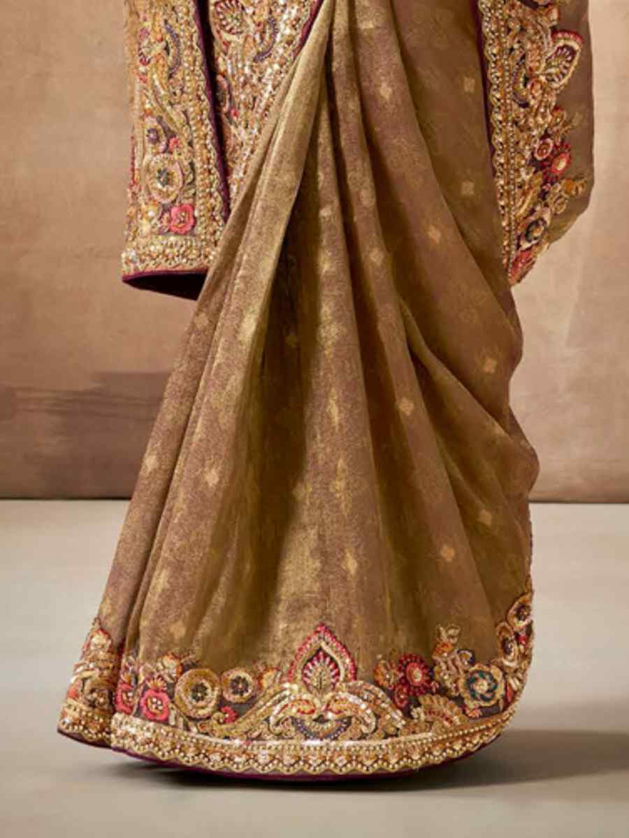 Brown Organza Silk Embroidered Reception Wedding Heavy Border Saree