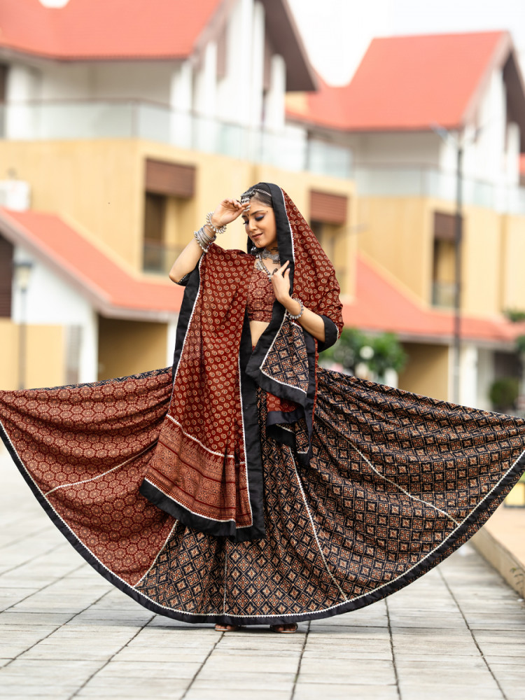 Brown Pure Cotton Printed Festival Festival Circular Lehenga Choli