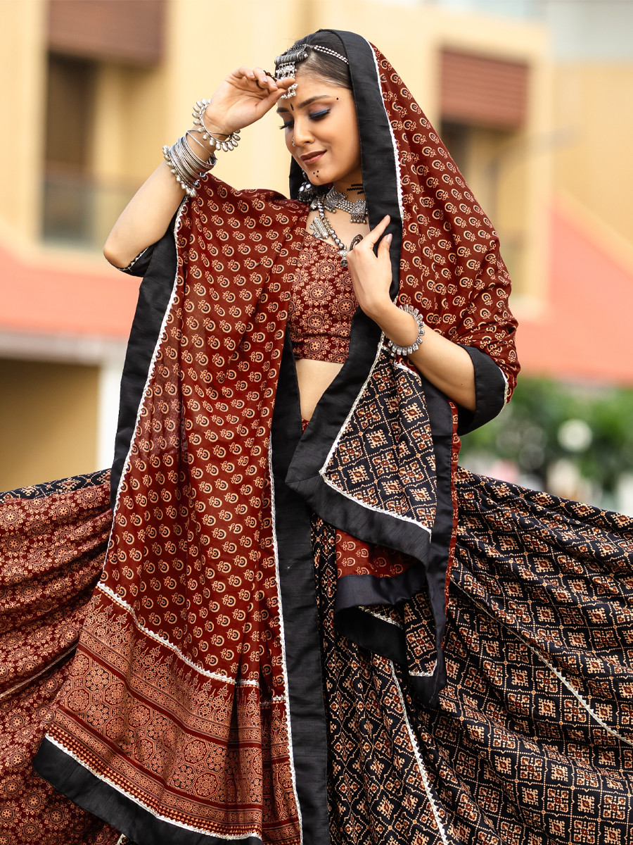 Brown Pure Cotton Printed Festival Festival Circular Lehenga Choli